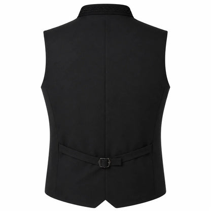 Black men's waistcoat vest with a self-tie belt and decorative collar trim, shown from the back on a white background.
