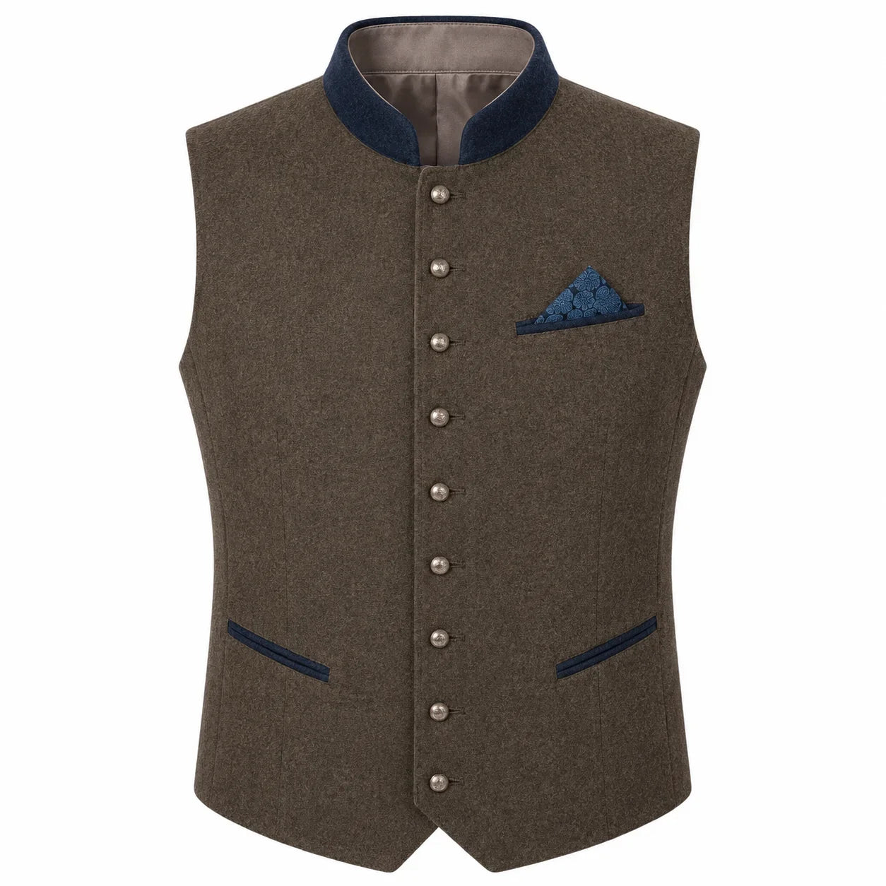 A men's waistcoat vest in textured brown wool with dark navy blue trim on the collar, pocket flaps, and button placket, featuring a matching patterned blue pocket square.