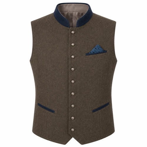 A men's waistcoat vest in textured brown wool with dark navy blue trim on the collar, pocket flaps, and button placket, featuring a matching patterned blue pocket square.