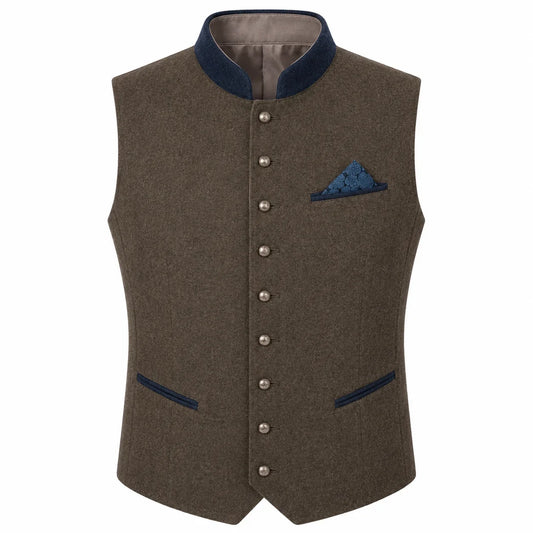 A men's waistcoat vest in textured brown wool with dark navy blue trim on the collar, pocket flaps, and button placket, featuring a matching patterned blue pocket square.