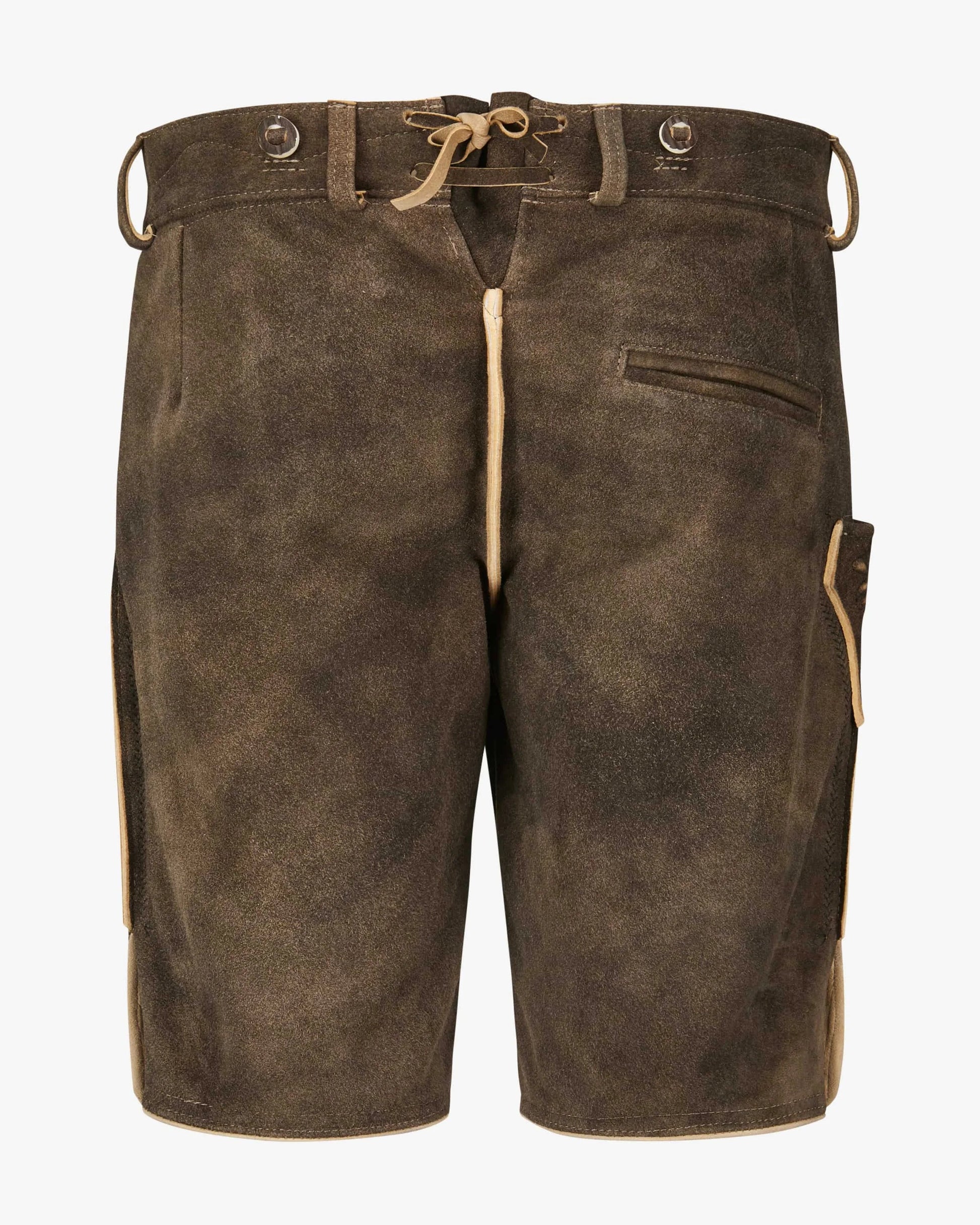 Brown leather shorts with a white background