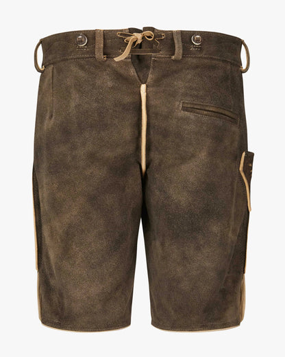 Brown leather shorts with a white background