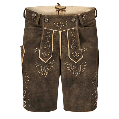 Brown leather shorts with decorative patterns on a white background