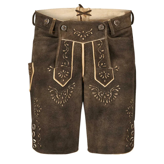 Brown leather shorts with decorative patterns on a white background