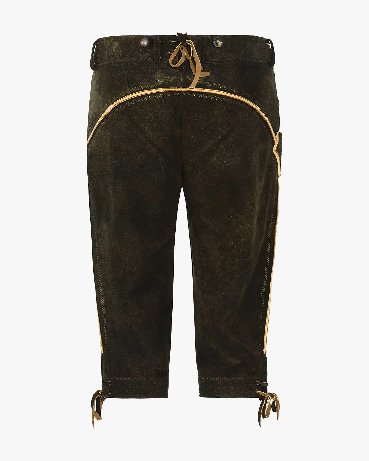 Brown velvet pants with gold trim on a white background