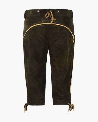 Brown velvet pants with gold trim on a white background