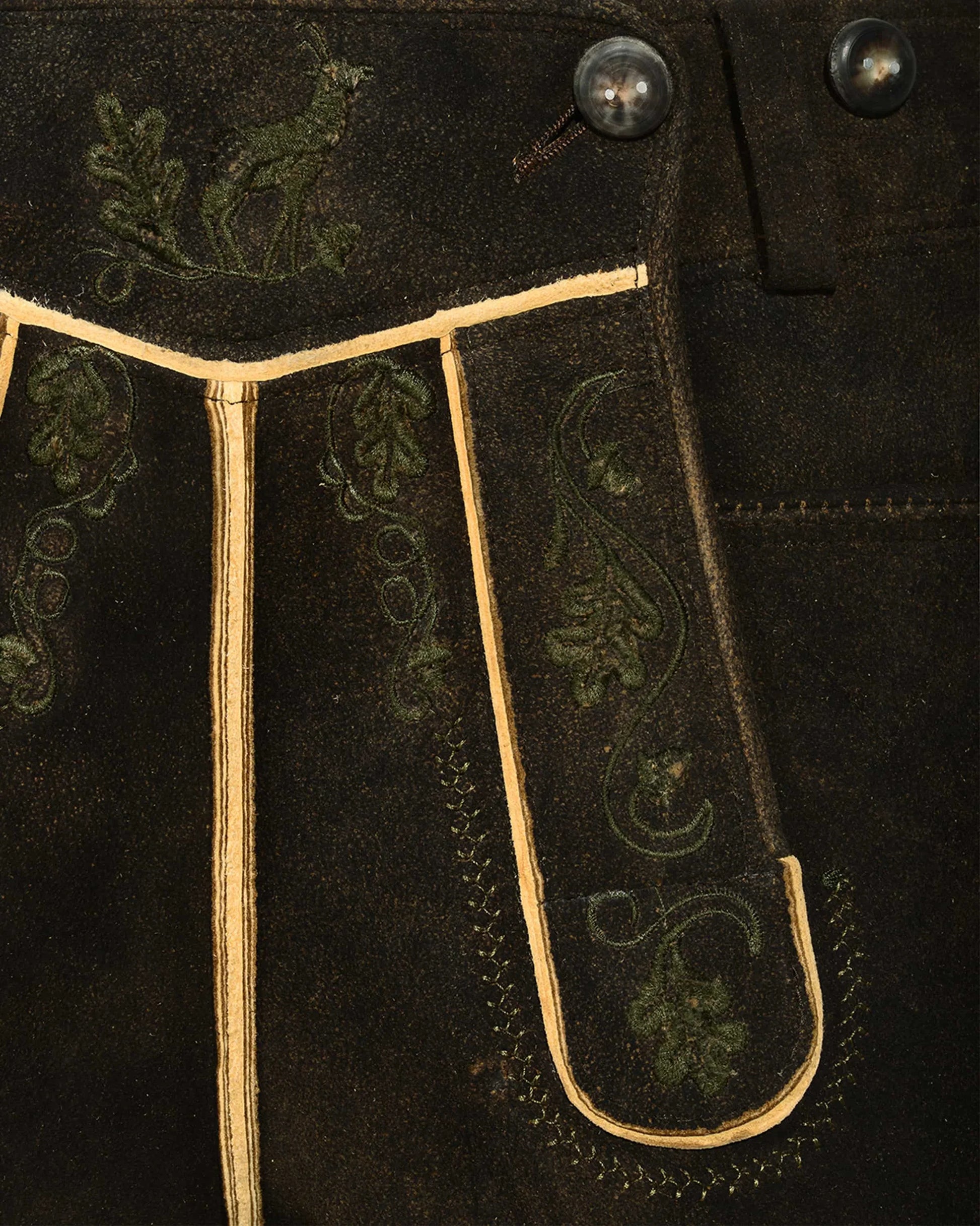 Close-up of dark fabric with embroidered patterns and buttons