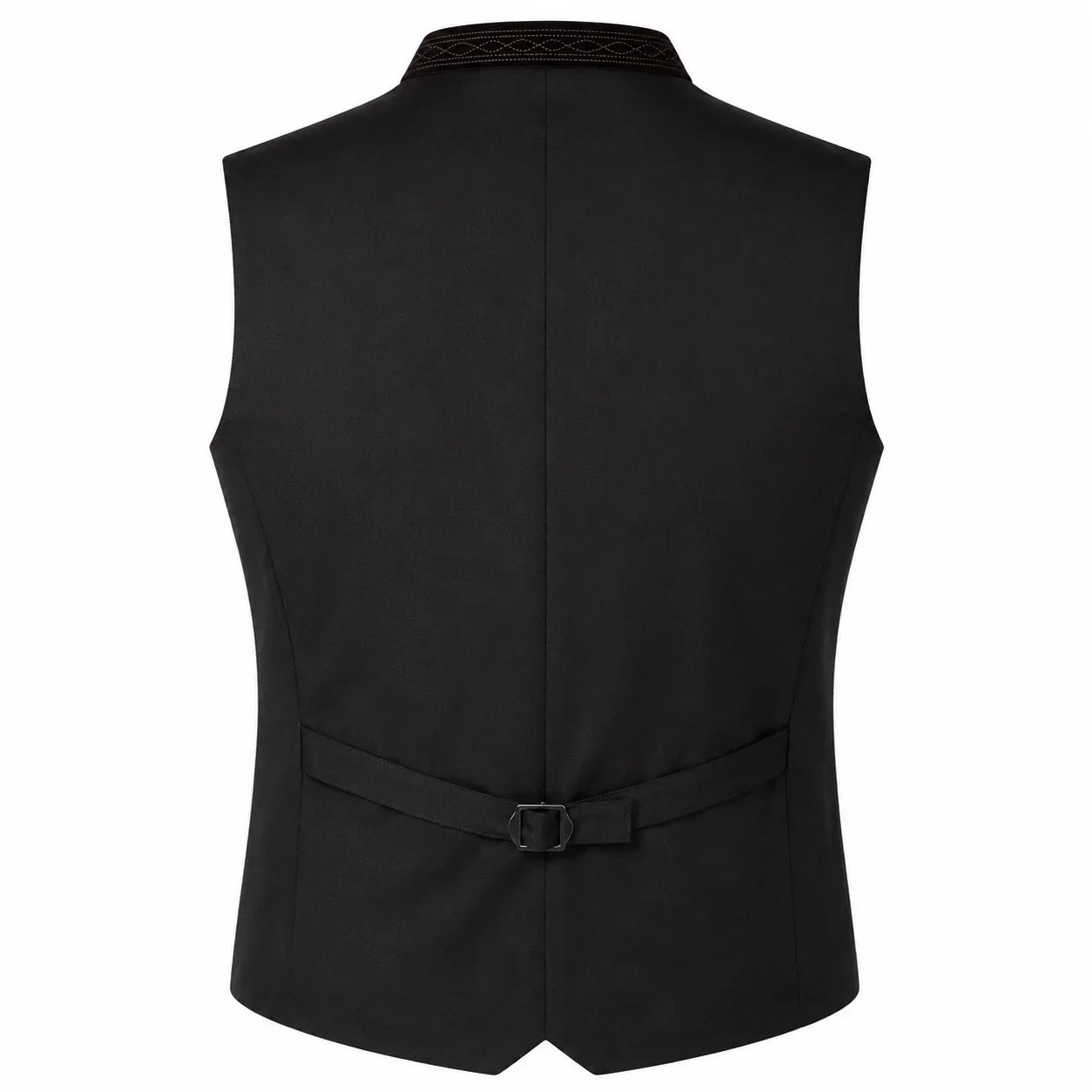Black men's waistcoat vest shown from the back, featuring a structured collar, a self-tie belt with a metal buckle at the waist, and a subtle textured pattern along the inner collar, set against a plain white background.