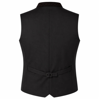 Black men's waistcoat vest shown from the back, featuring a structured collar, a self-tie belt with a metal buckle at the waist, and a subtle textured pattern along the inner collar, set against a plain white background.
