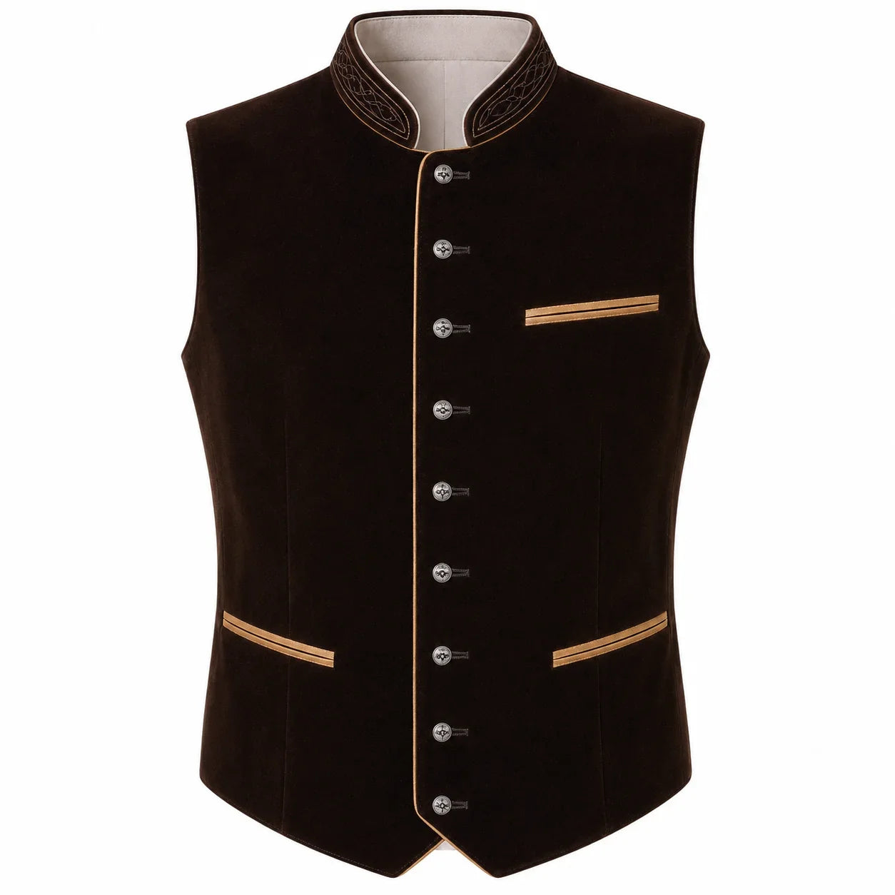 A dark brown velvet waistcoat vest with gold trim, decorative buttons, and a mandarin collar, shown against a plain white background.