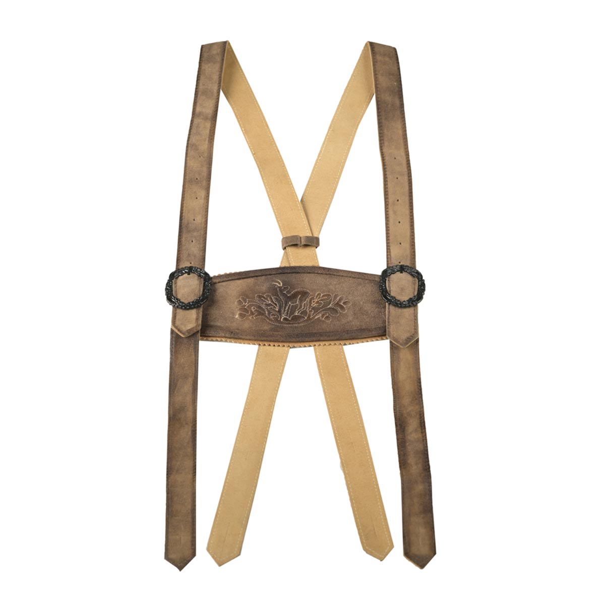 Brown leather suspenders with a decorative buckle on a white background