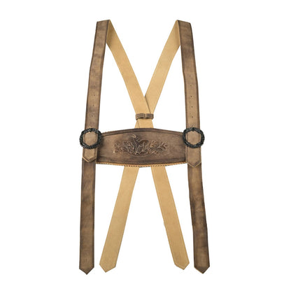 Brown leather suspenders with a decorative buckle on a white background