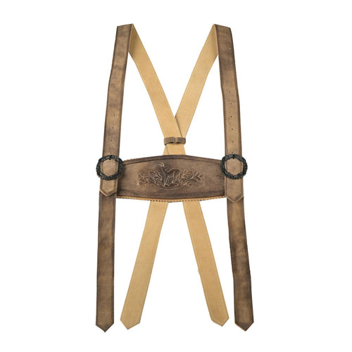 Brown leather suspenders with a decorative buckle on a white background