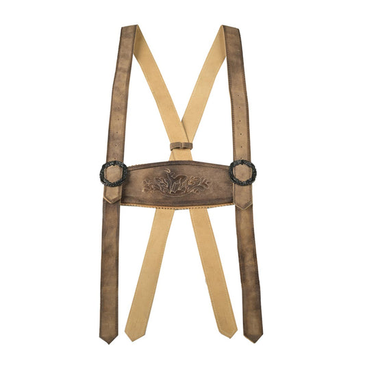 Brown leather suspenders with a decorative buckle on a white background