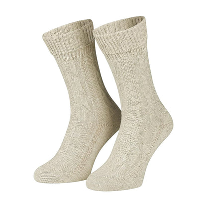 A pair of off white traditional Loferl socks designed for festive occasions like Oktoberfest.