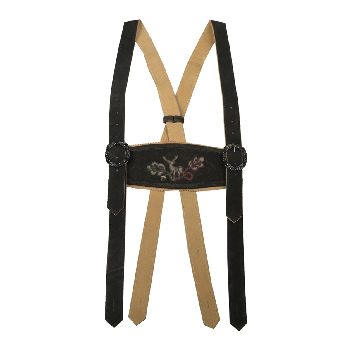 Black and beige suspenders with decorative buckle on a white background