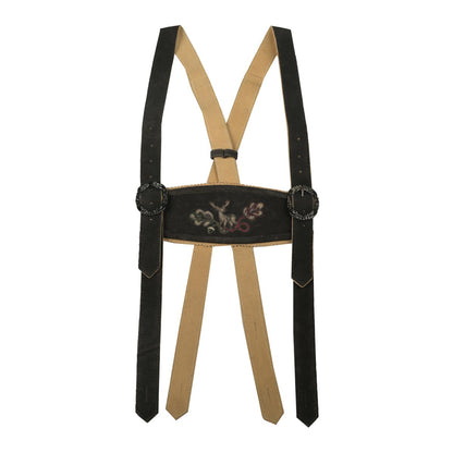 Black and beige suspenders with decorative buckle on a white background