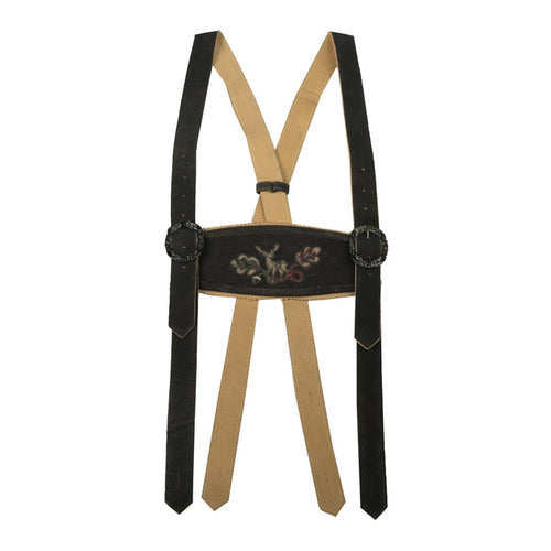 Black and beige suspenders with decorative buckle on a white background