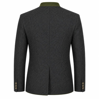 The back view of a dark gray textured wool blazer with a contrasting olive green collar and three gold buttons on the cuffs, shown on a plain white background.