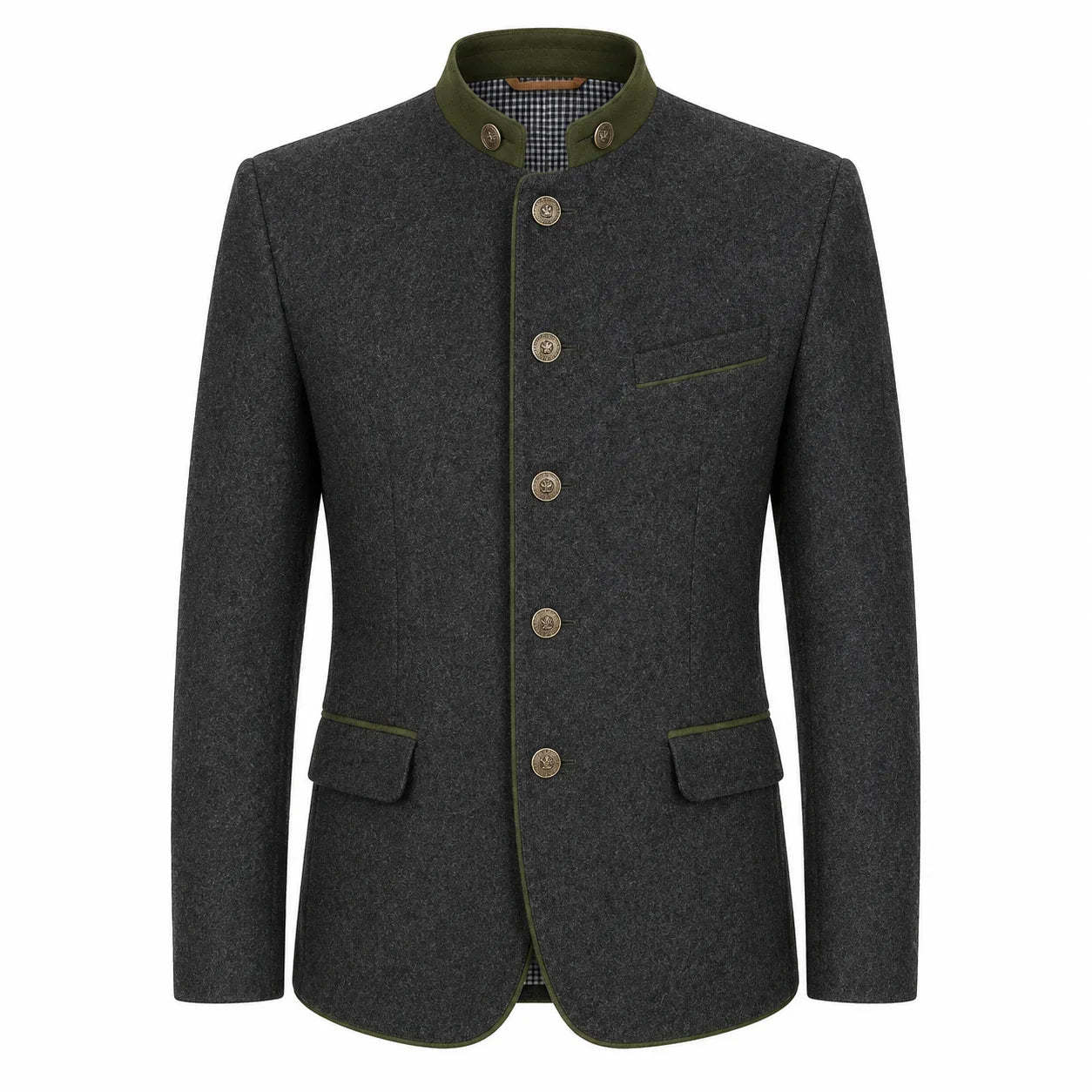 A dark gray wool-blend jacket with olive green trim on the collar, front buttons, and pocket edges, shown on a plain white background.