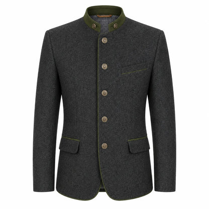 A dark gray wool-blend jacket with olive green trim on the collar, front buttons, and pocket edges, shown on a plain white background.