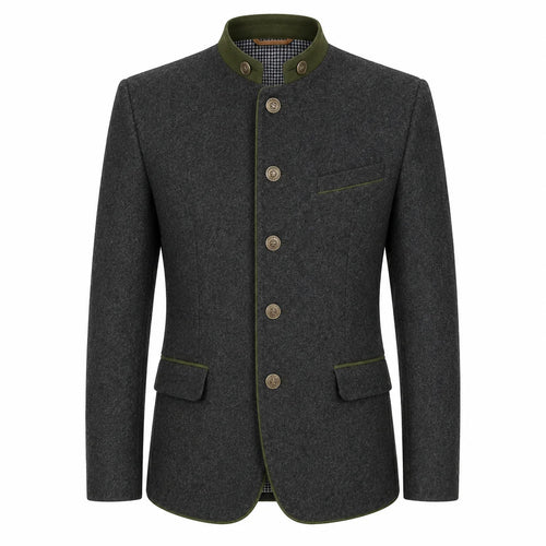 A dark gray wool-blend jacket with olive green trim on the collar, front buttons, and pocket edges, shown on a plain white background.