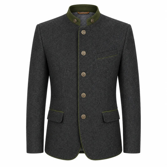 A dark gray wool-blend jacket with olive green trim on the collar, front buttons, and pocket edges, shown on a plain white background.