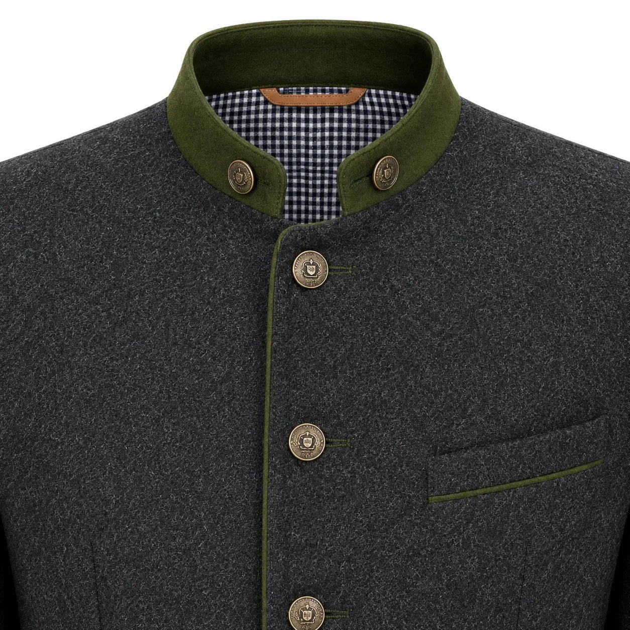 Close-up of a dark gray wool jacket with an olive green mandarin collar, matching green piping, and bronze-colored buttons, showing a checkered lining inside the collar.
