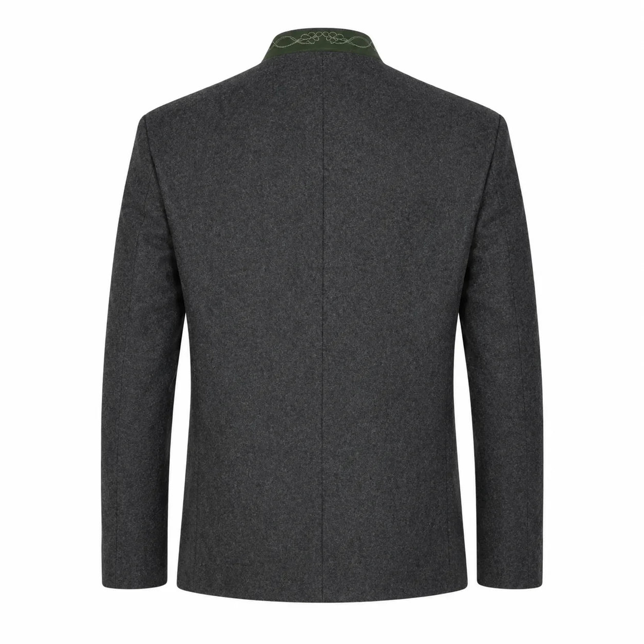 A dark gray textured wool jacket shown from the back, featuring a high collar with green embroidered details, set against a plain white background.