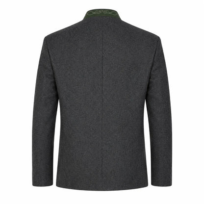 A dark gray textured wool jacket shown from the back, featuring a high collar with green embroidered details, set against a plain white background.