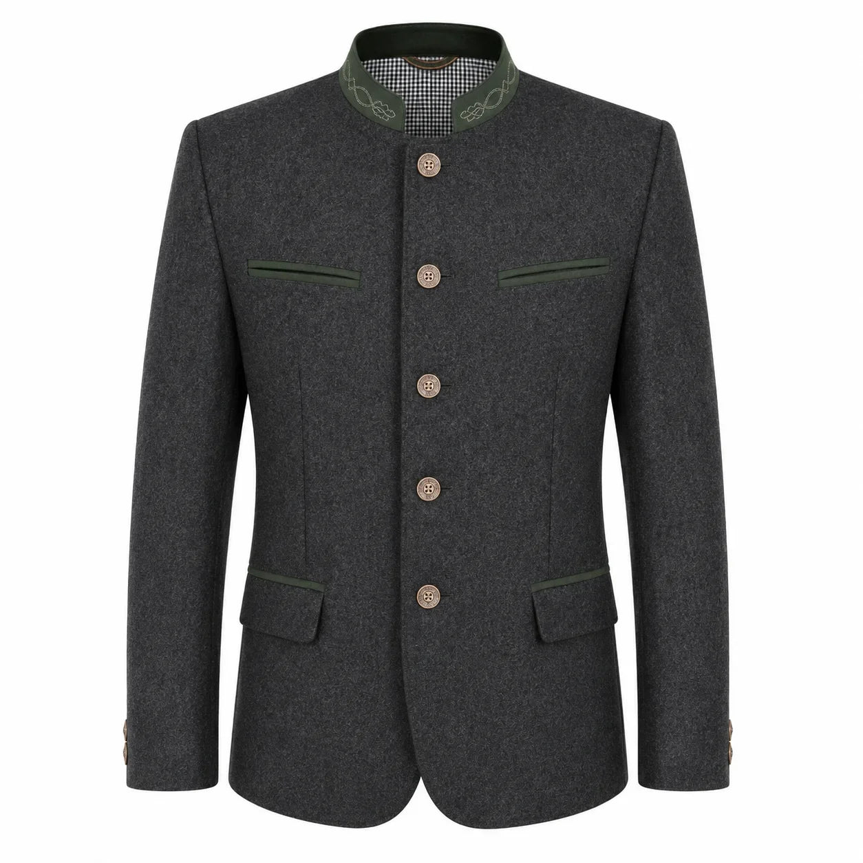A dark gray textured wool jacket with a mandarin collar, featuring green piping details on the collar, pocket flaps, and front trim, and four brown buttons down the center front.