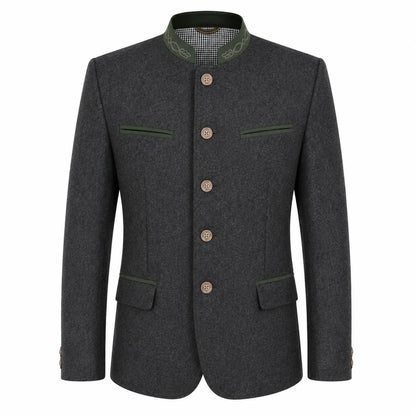 A dark gray textured wool jacket with a mandarin collar, featuring green piping details on the collar, pocket flaps, and front trim, and four brown buttons down the center front.