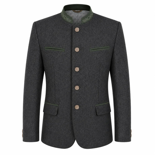 A dark gray textured wool jacket with a mandarin collar, featuring green piping details on the collar, pocket flaps, and front trim, and four brown buttons down the center front.