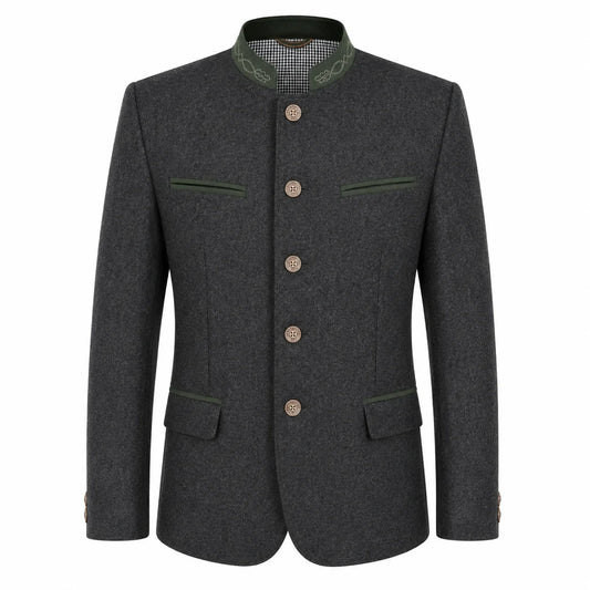 A dark gray textured wool jacket with a mandarin collar, featuring green piping details on the collar, pocket flaps, and front trim, and four brown buttons down the center front.