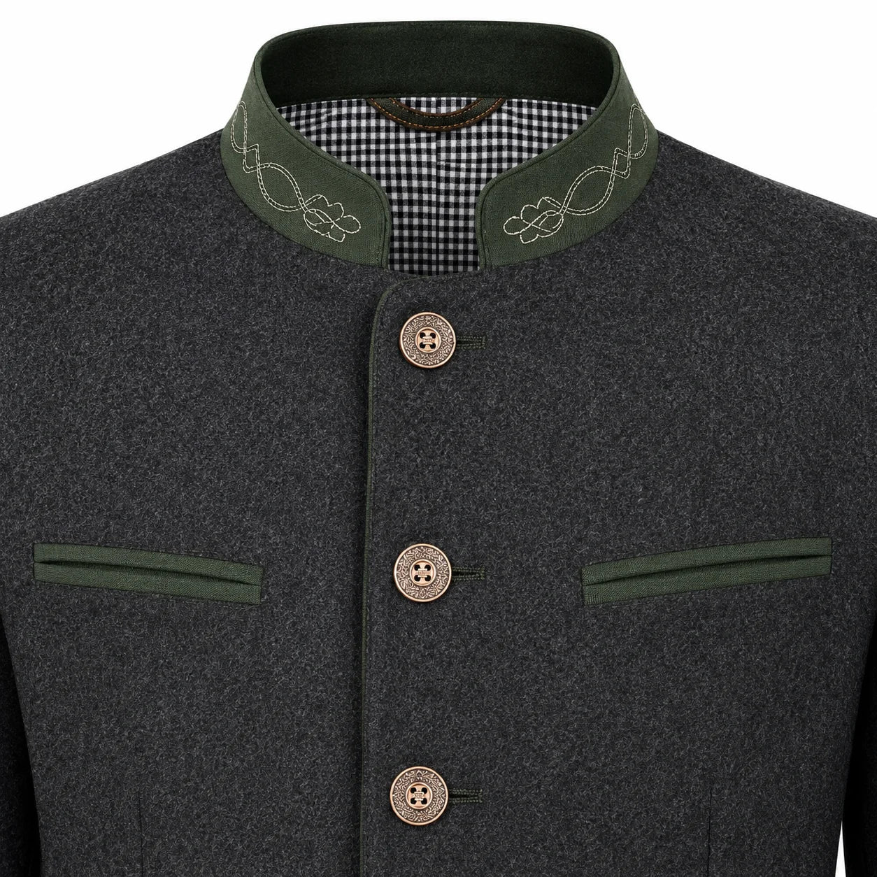 A close-up of a dark gray wool-like jacket with an olive green mandarin collar, featuring white embroidered floral details on the collar, a black-and-white gingham lining, and three brown buttons down the front.