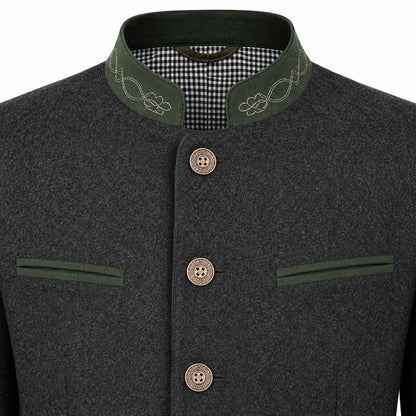 A close-up of a dark gray wool-like jacket with an olive green mandarin collar, featuring white embroidered floral details on the collar, a black-and-white gingham lining, and three brown buttons down the front.