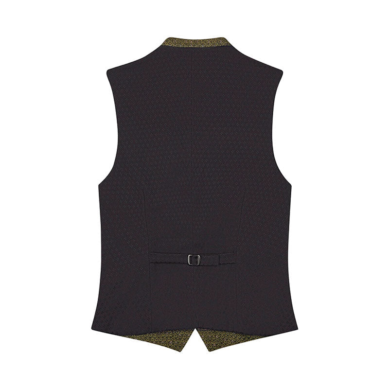 Black vest with patterned trim on a white background