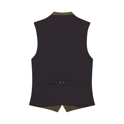 Black vest with patterned trim on a white background