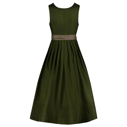Green dress with a brown belt on a white background
