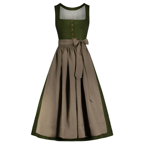 Green and brown dress with buttoned bodice on a white background