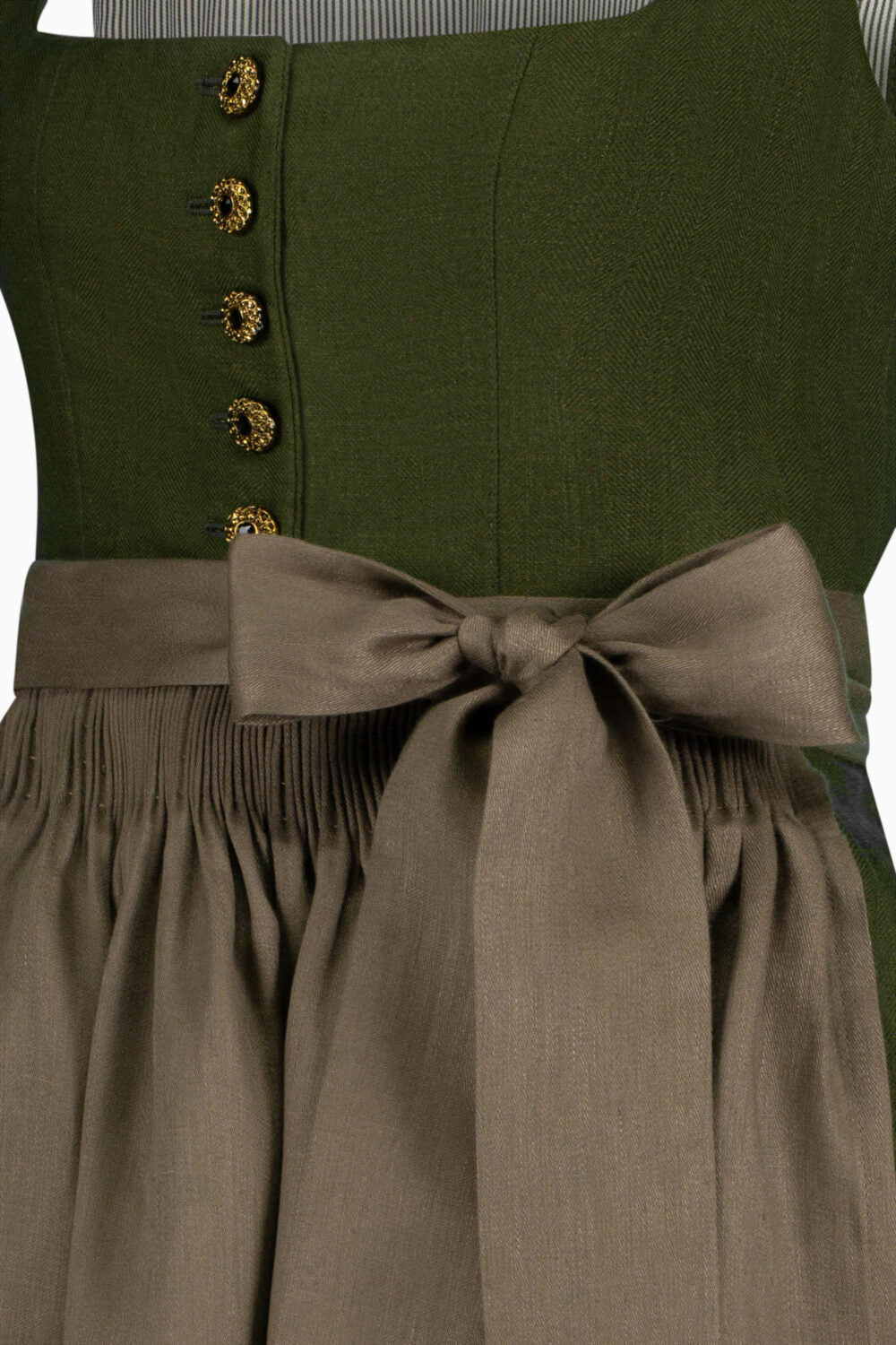 Green dress with gold buttons and a brown belt on a white background