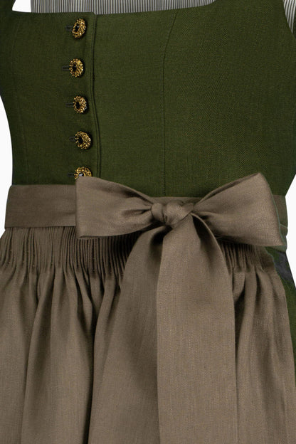Green dress with gold buttons and a brown belt on a white background
