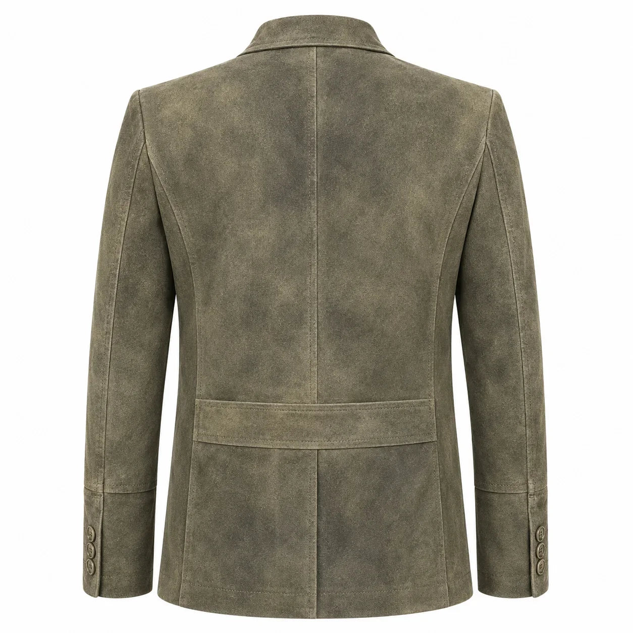 A men's blazer jacket in a textured, distressed olive-brown suede or nubuck fabric, shown from the back against a plain white background.