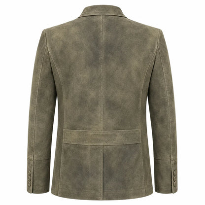 A men's blazer jacket in a textured, distressed olive-brown suede or nubuck fabric, shown from the back against a plain white background.
