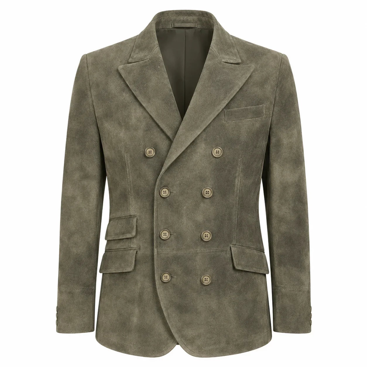 A men's double-breasted blazer in textured taupe-brown suede or nubuck fabric, featuring gold-tone buttons and a classic notch lapel, shown against a plain white background.