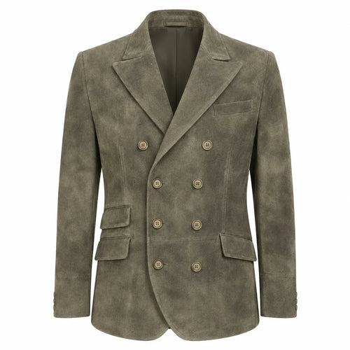 A men's double-breasted blazer in textured taupe-brown suede or nubuck fabric, featuring gold-tone buttons and a classic notch lapel, shown against a plain white background.