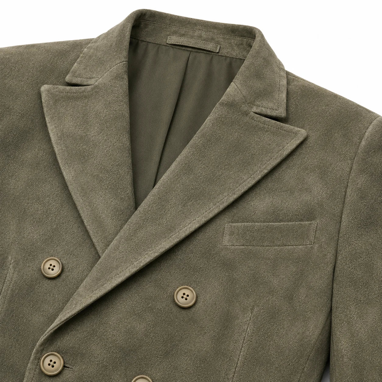 Close-up of a double-breasted blazer in a textured taupe-brown fabric, showing the lapels, buttons, and inner lining against a white background.