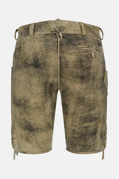Brown leather shorts with a white background