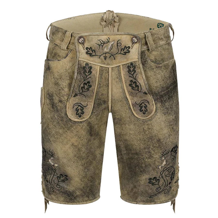 Traditional German lederhosen with embroidery on a white background