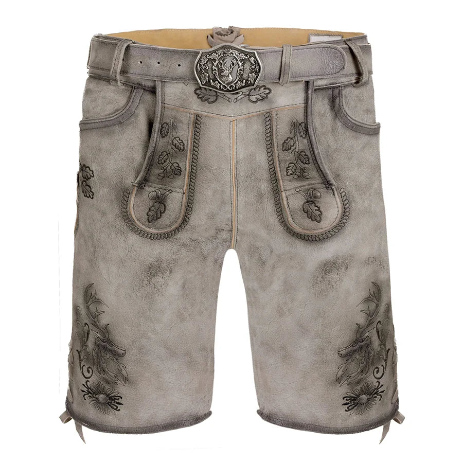 Traditional German lederhosen with embroidery and a belt on a white background